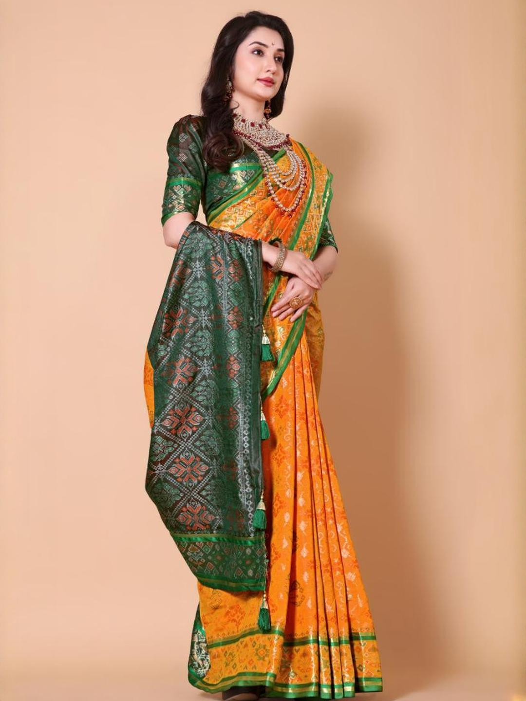 jayant creation Yellow Silk Blend Patola Sarees