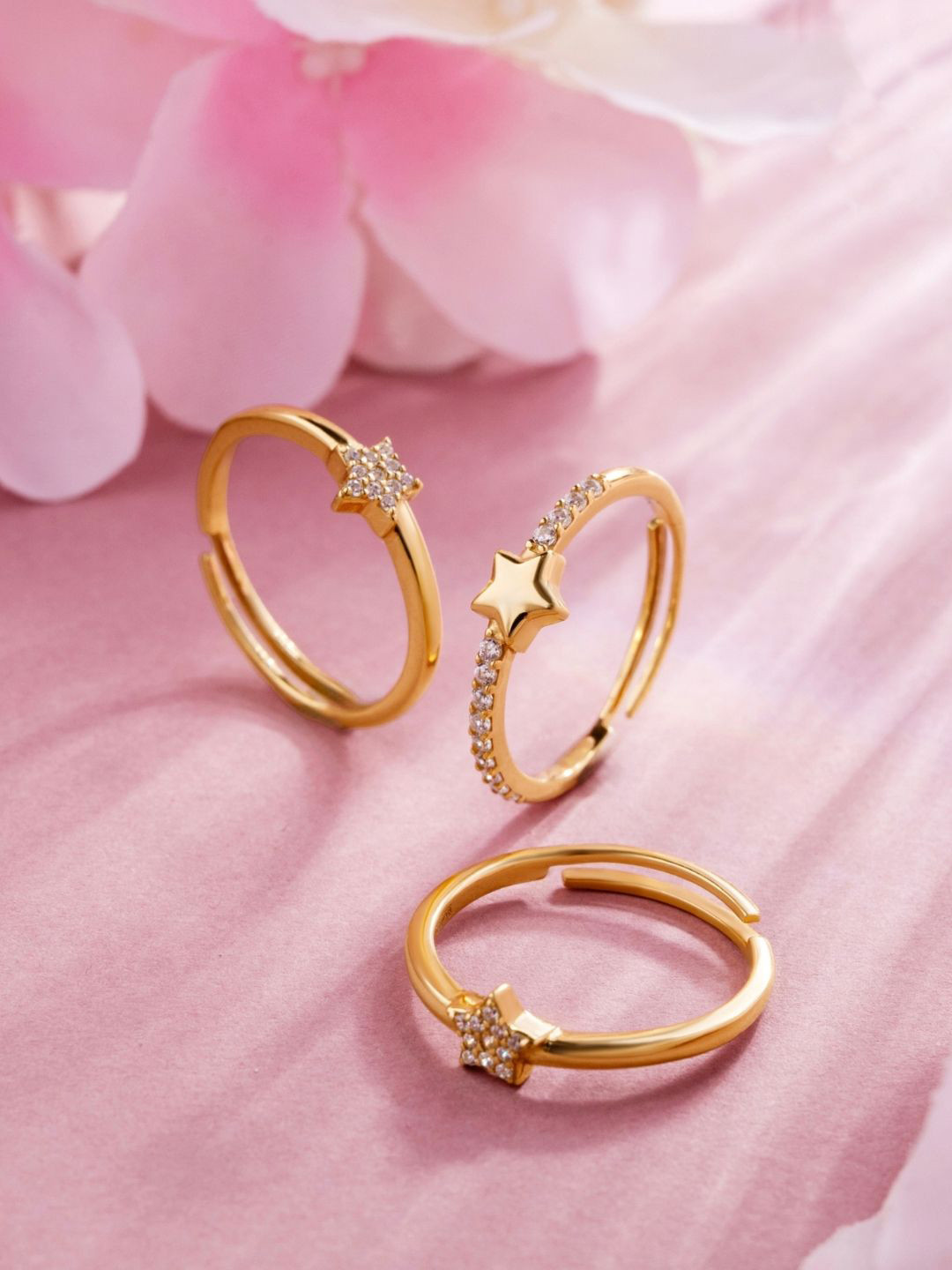 Zavya Set Of 3 925 Sterling Silver Rose Gold-Plated Triple-Row Cubic Zirconia Finger Ring