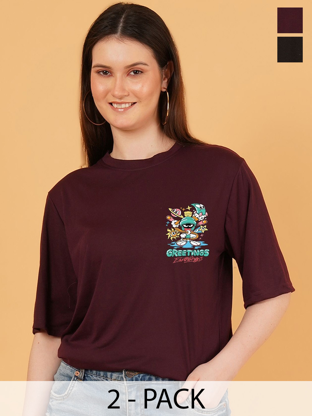 Kushi Flyer Women Pack of 2 Marvin the Martian Graphic Printed Round Neck T-shirts