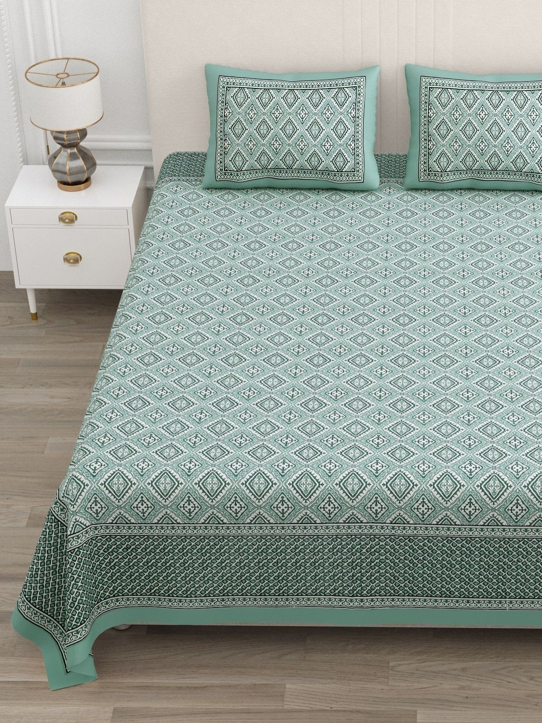 ATARAH Green & White Ethnic Printed 144TC Cotton Double Queen Bedsheet Set 2.25 m x 2.75 m