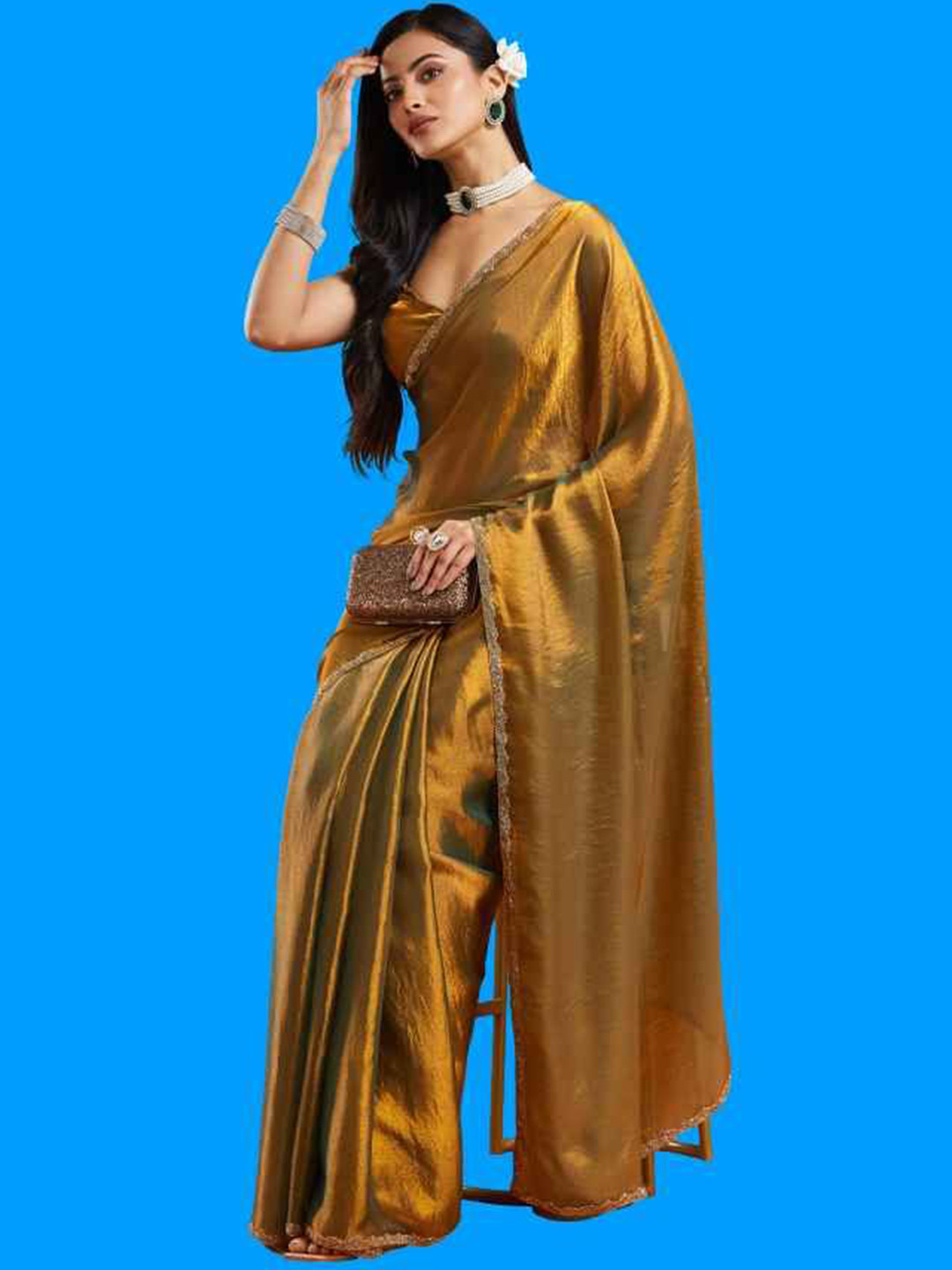 LOROFY Women Paisley Beads and Stones Satin Patola Saree
