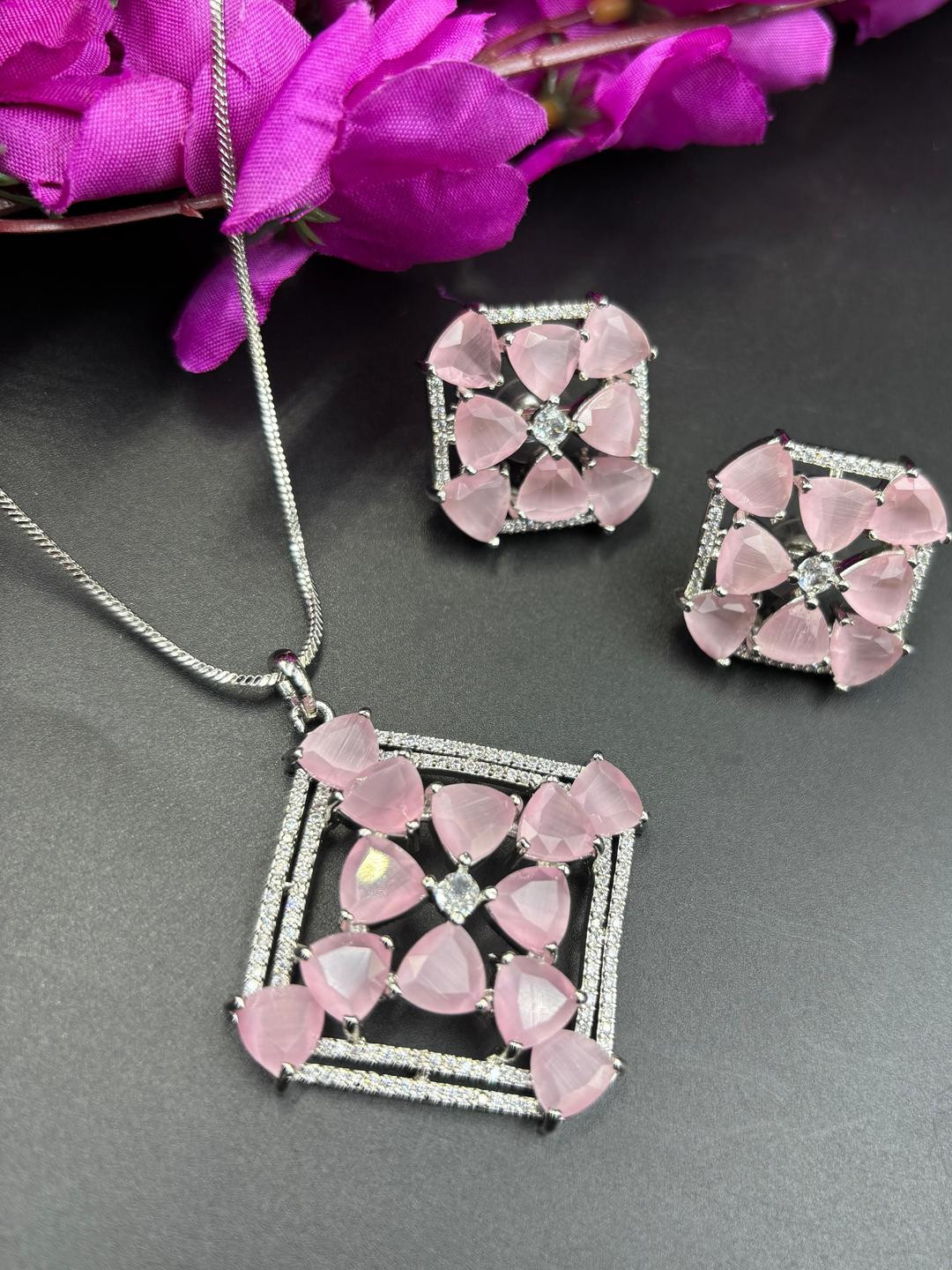 Dilkash Designs Silver German Silver Artificial Stones Pendant