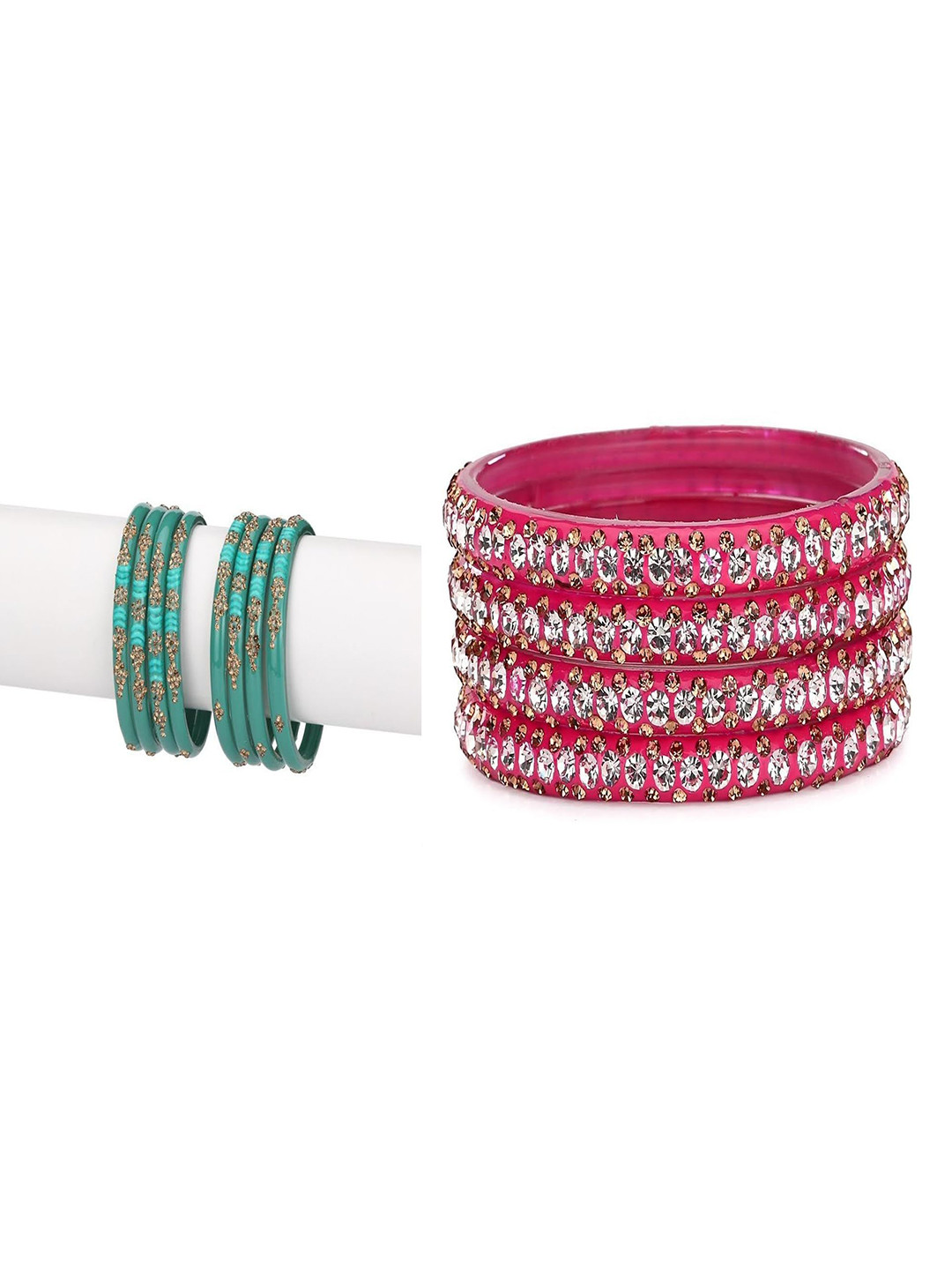 SOMIL Set Of 12 Turquoise Blue And Pink Glass Artificial Stones & Beads Bangles