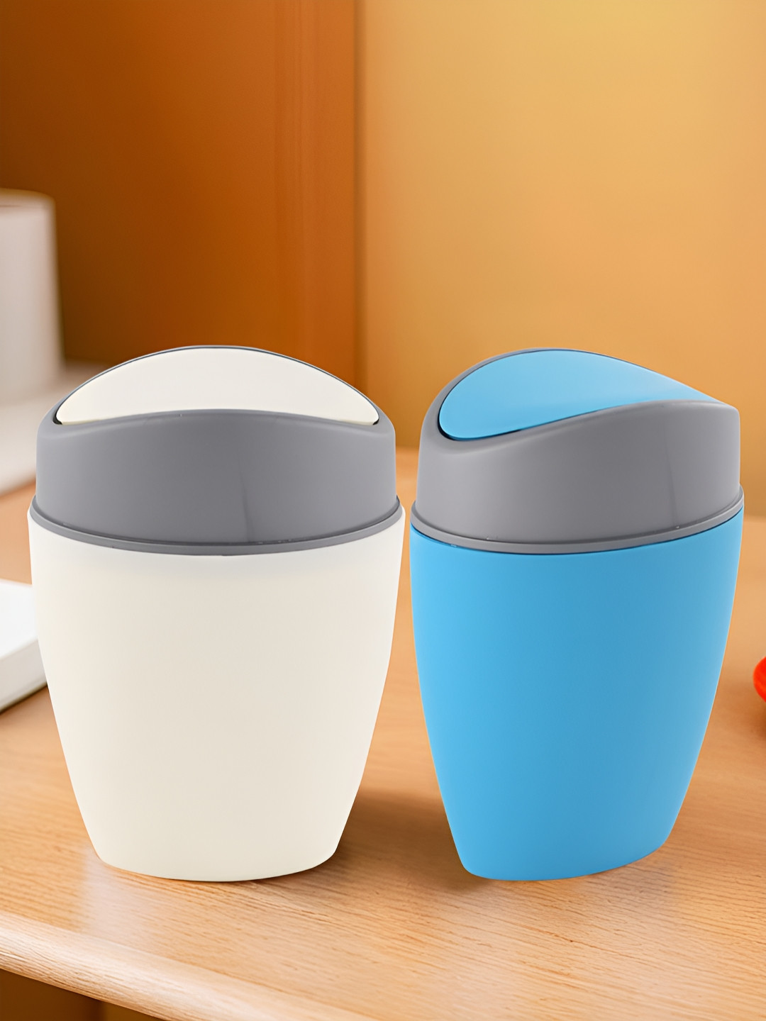 Aura White & Blue 2 Pieces Mini Swing Lid Dustbins - 1.25 L