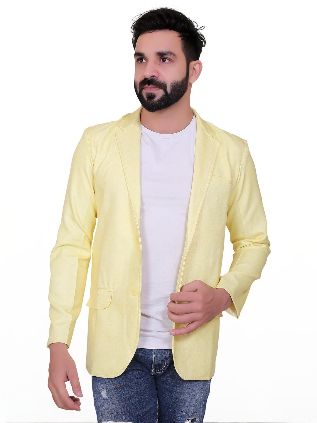 Ancestra Men Light Yellow Long Sleeves Single Breasted Cotton Blend Blazer