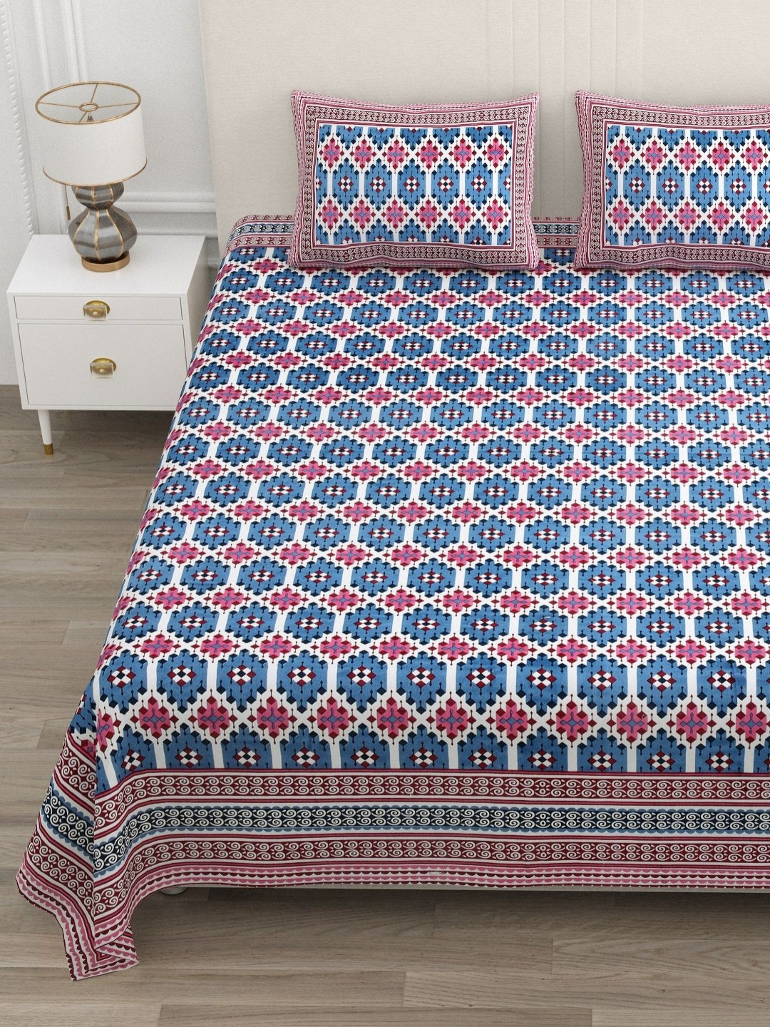 ATARAH Blue & Red Printed 144TC Cotton Double Queen Bedsheet Set 2.25 m x 2.75 m