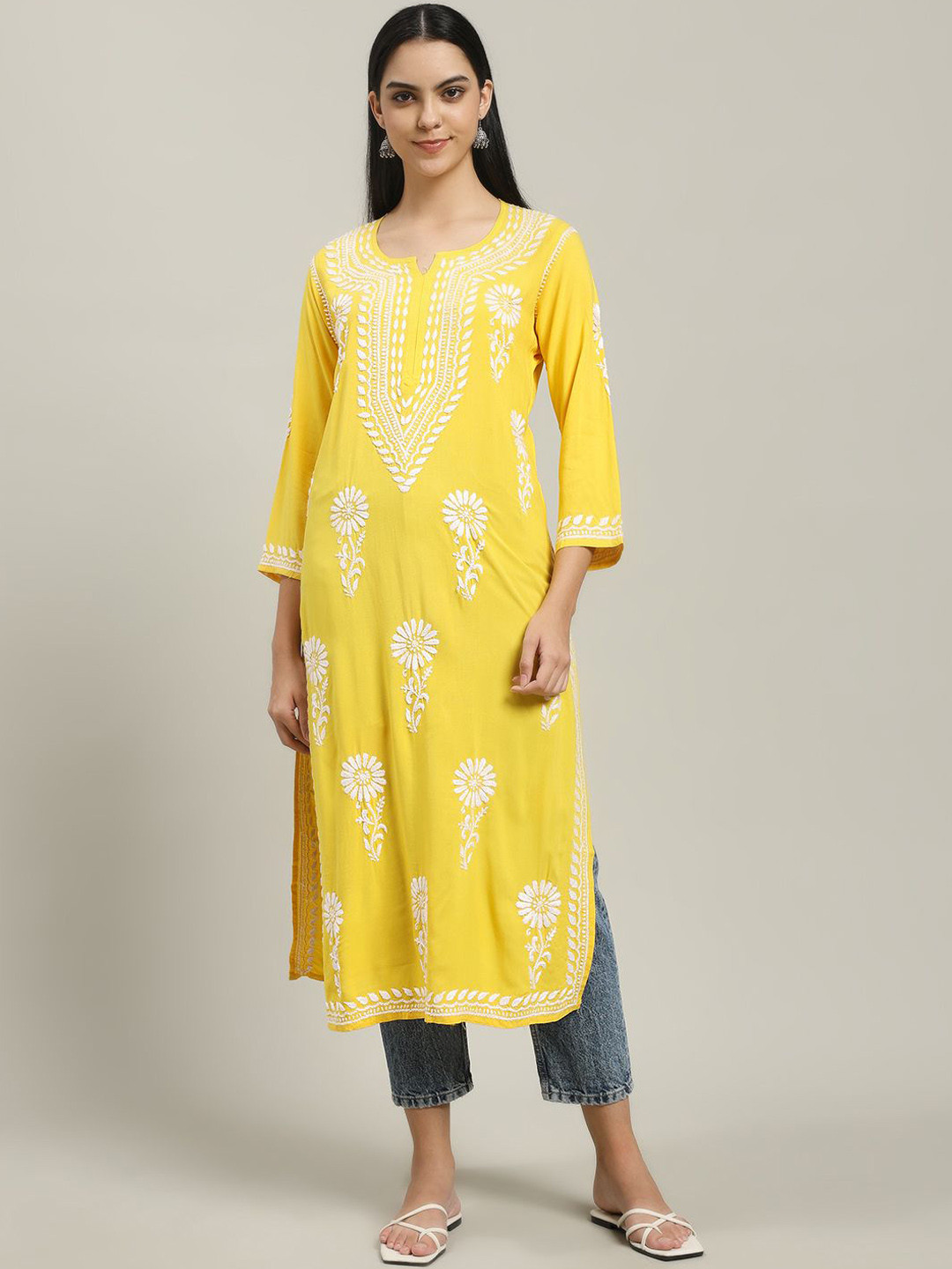 Fashionable Chikan Handikraft Women Floral Woven Design Daily Straight Kurta