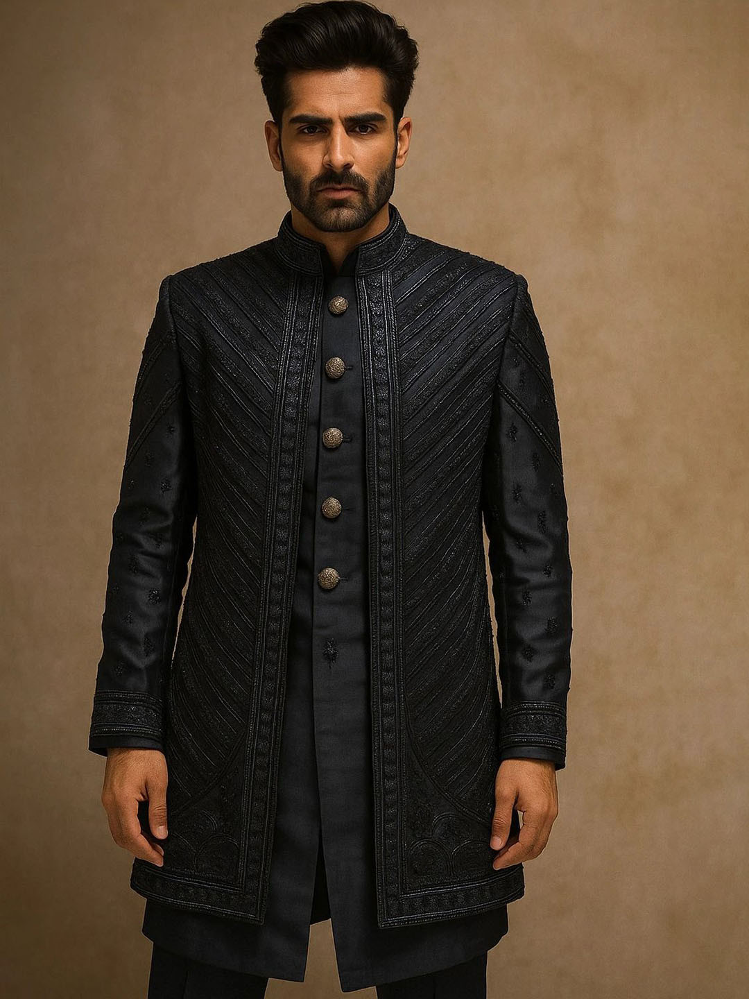 SHAHI ACHKAN Men Royal Black Embroidered Bandhgala Floral Sherwani