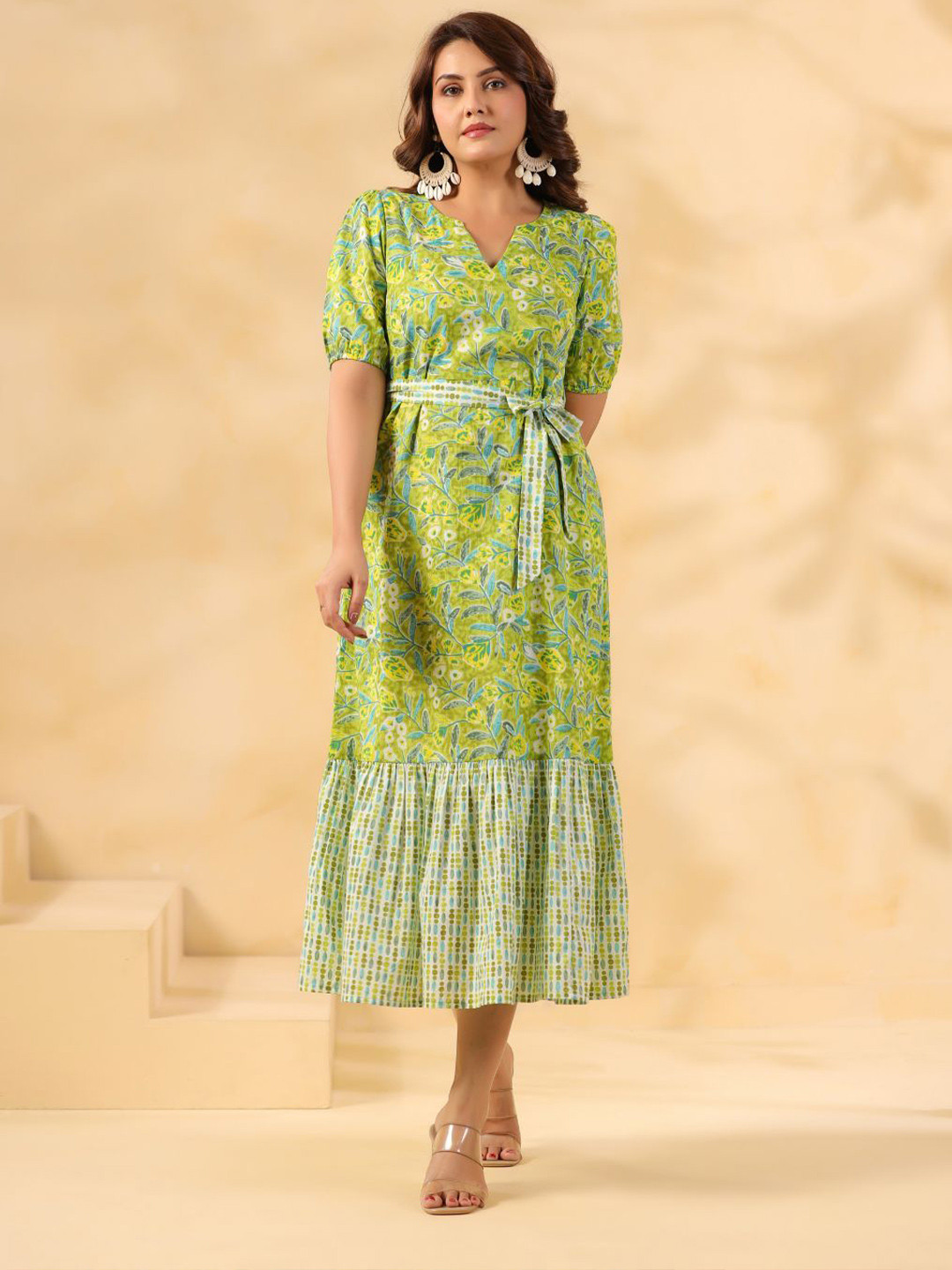 Zenava by Myntra Women Floral Printed Belted Tiered Fit and Flare Midi Dress