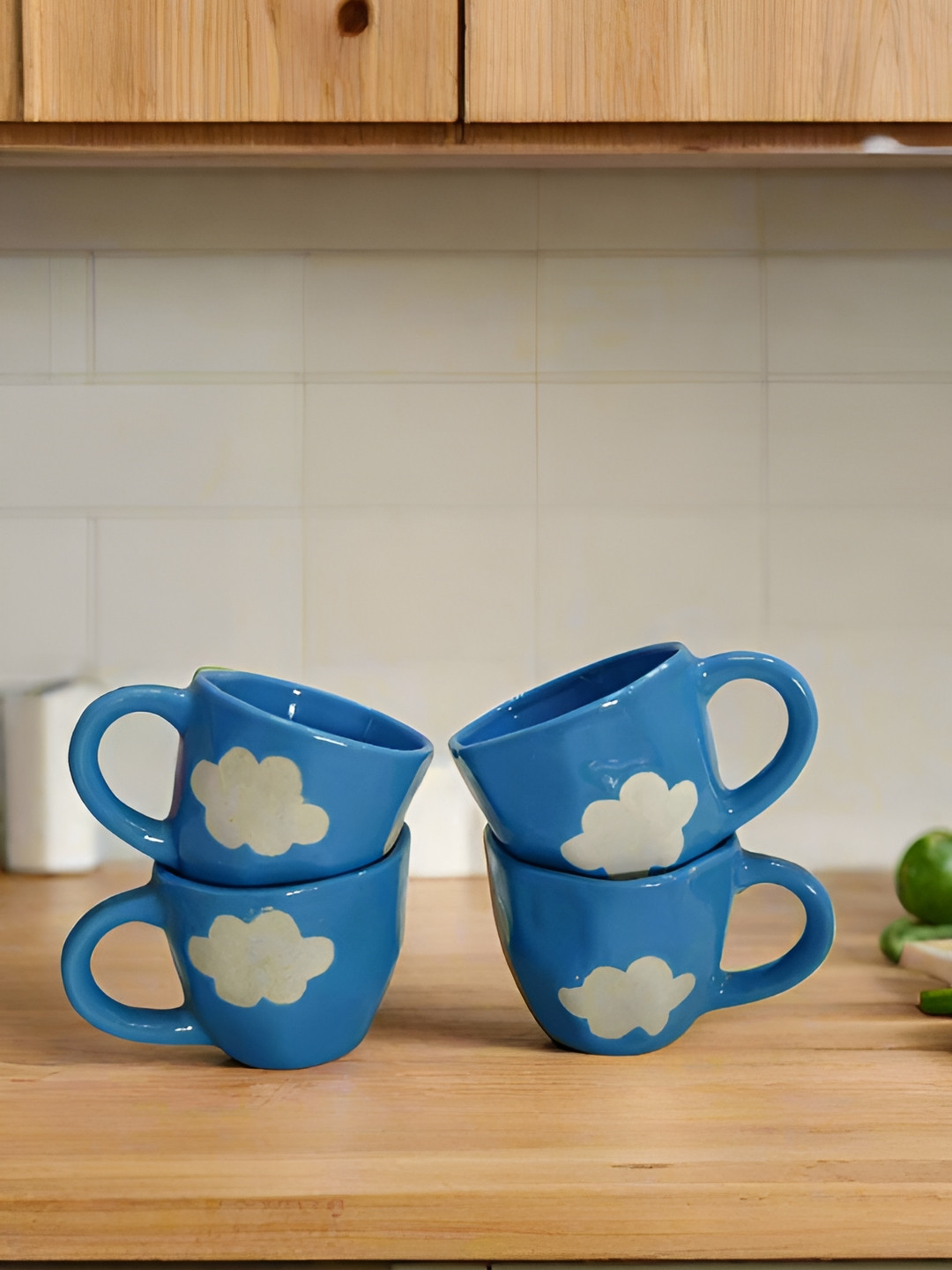 Bon Homey Blue & White 4 Pieces Geometric Printed Ceramic Glossy Cups