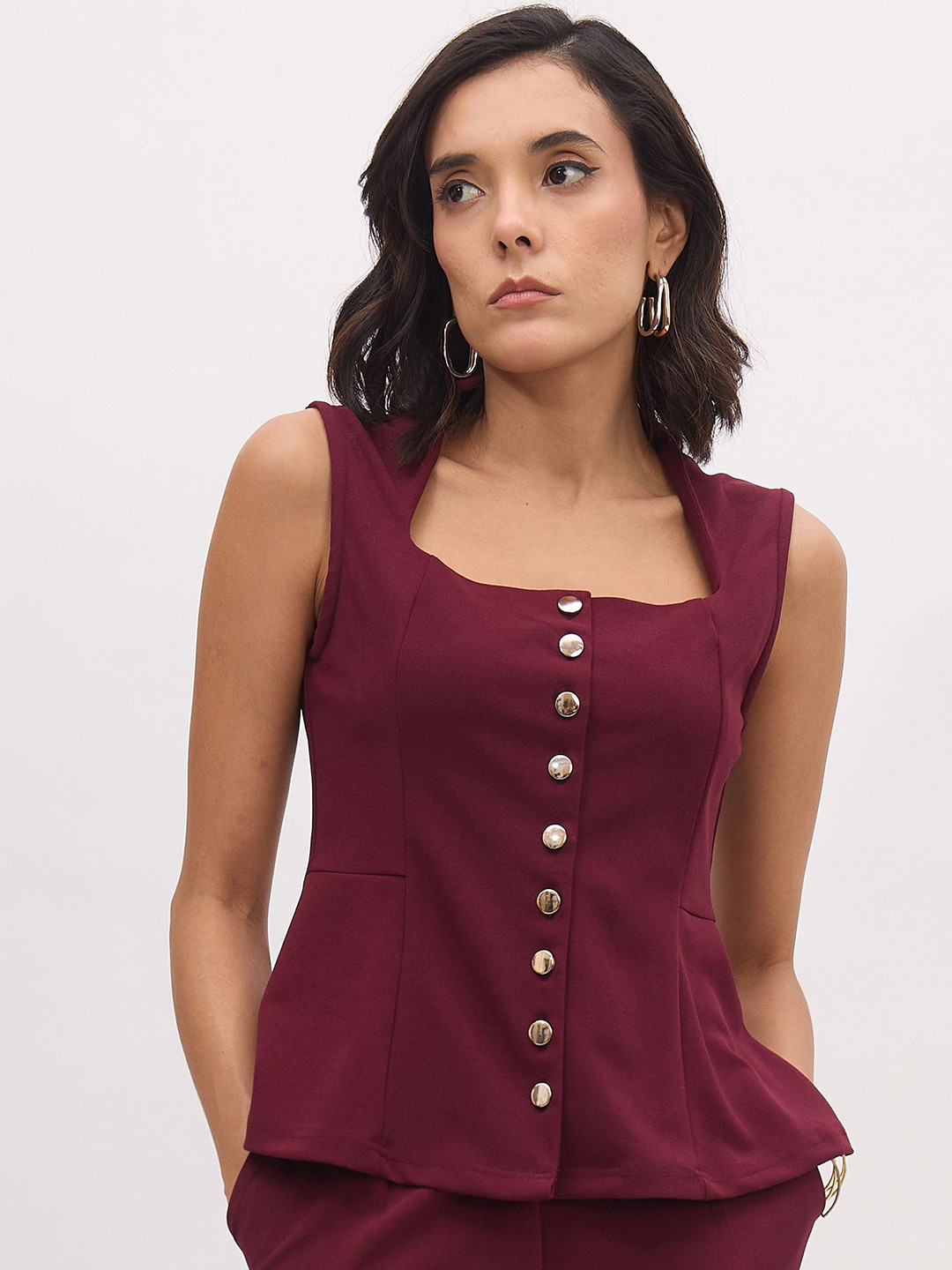 SASSAFRAS worklyf Women Square Neck Sleeveless Front Button Top