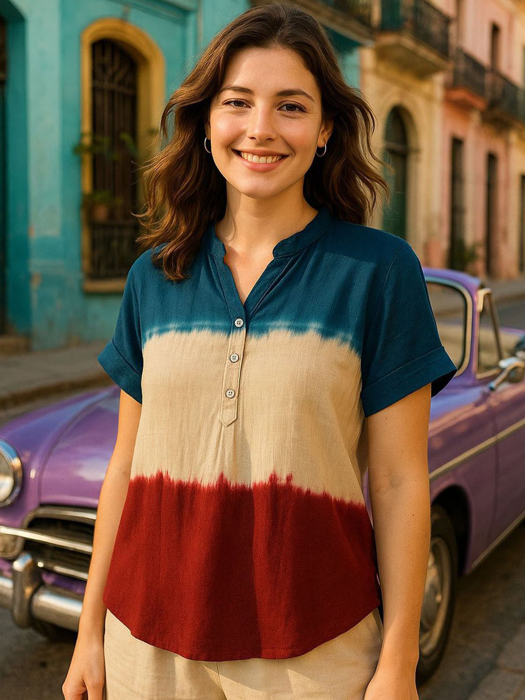PinkTribe Women Tie and Dye Mandarin Collar Casual Top