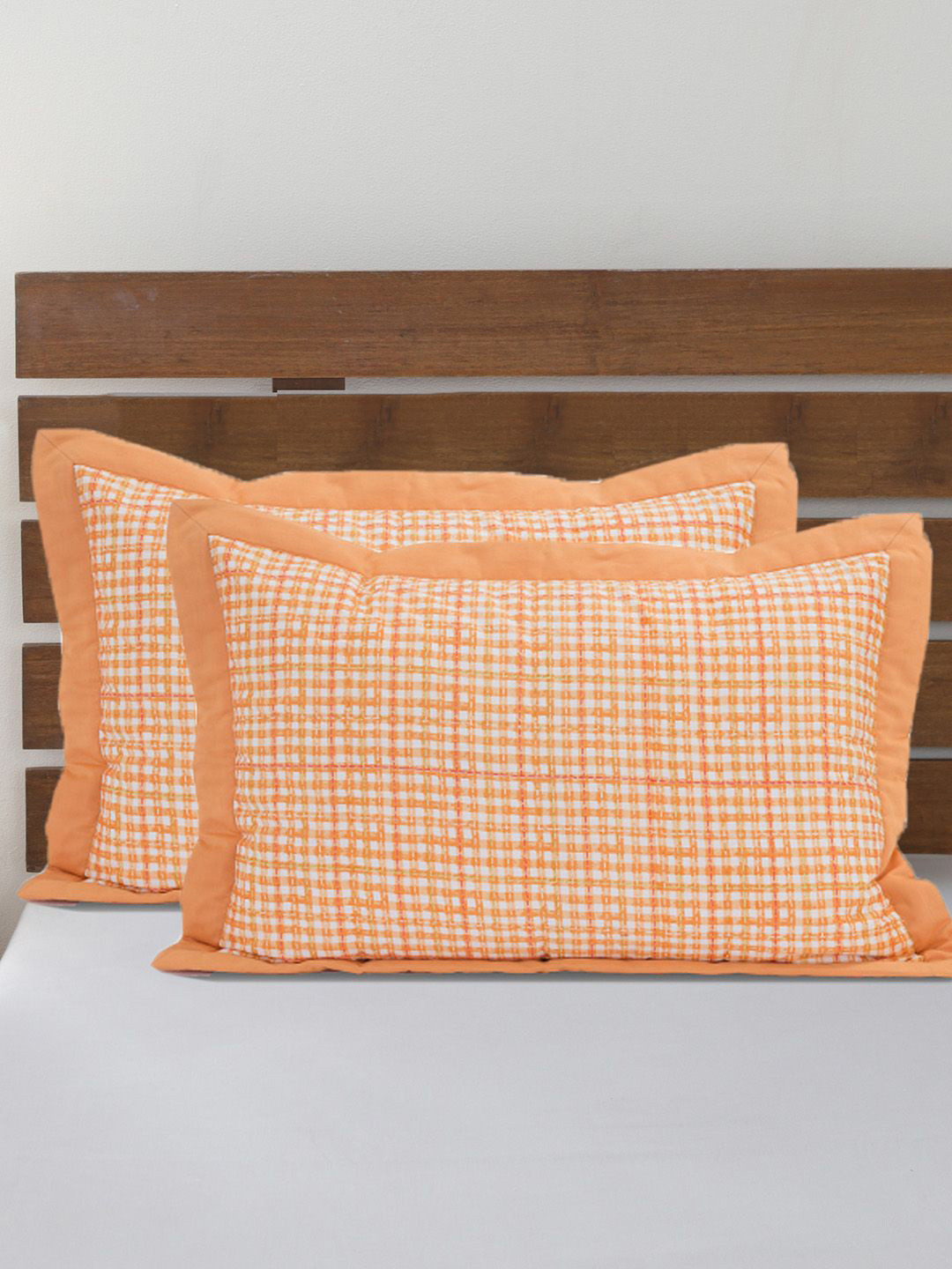 MASPAR Orange-Colored & White 2 Pieces Printed Cotton Rectangle Pillow Sham Set