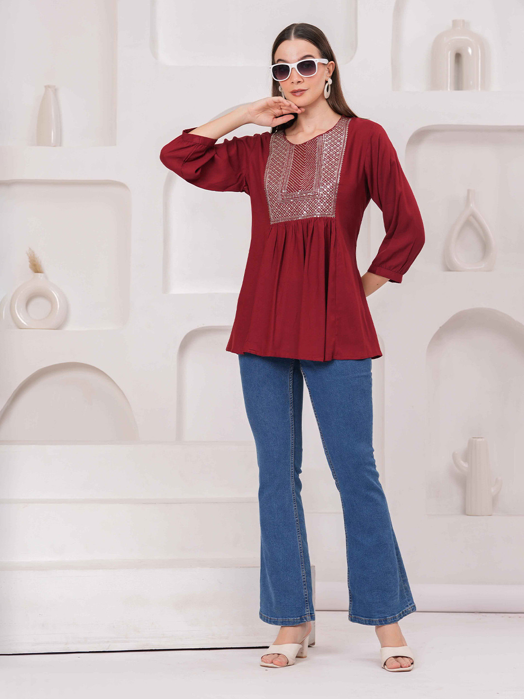 JC4U Women Maroon Rayon Solid Embroidery Top
