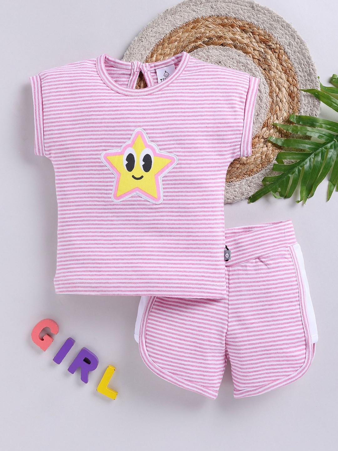 YK X Tinyo Infant Girls Pure Cotton Striped Star Applique Detail Top & Shorts