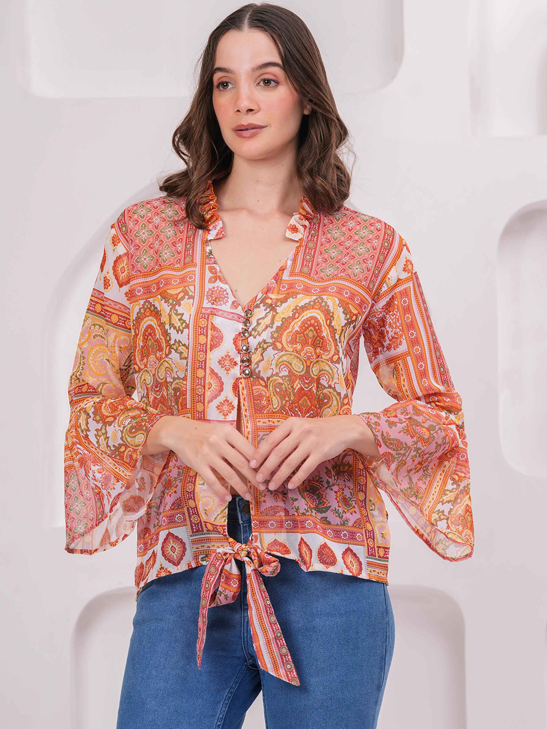 Jyoti Women Orange Flutter Sleeve Georgette Paisley print Top