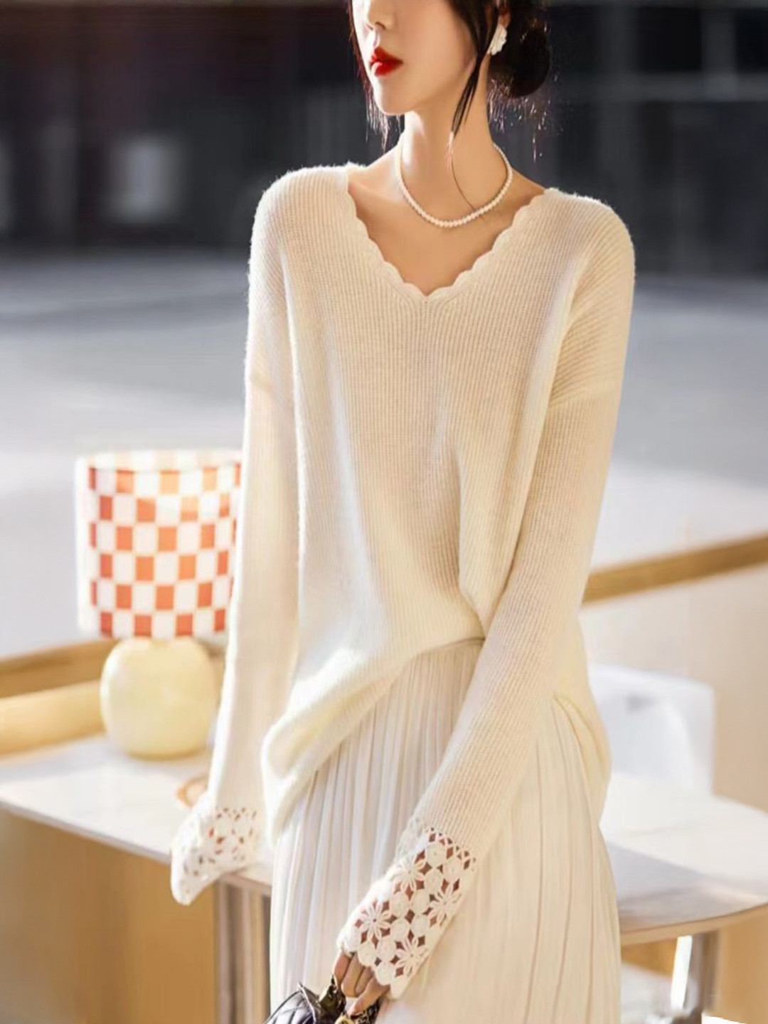 bebe White Scalloped V-neck Lace Cuffs Full Sleeve Knit Sweater