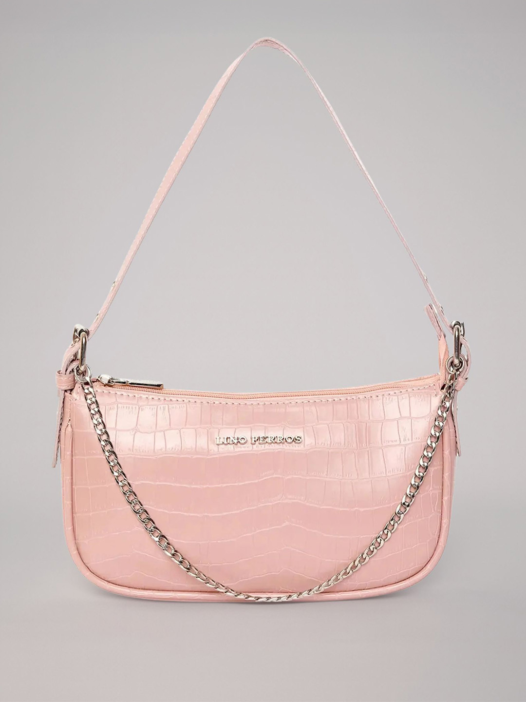 Lino Perros Peach-Coloured Croc Textured Baguette Bag