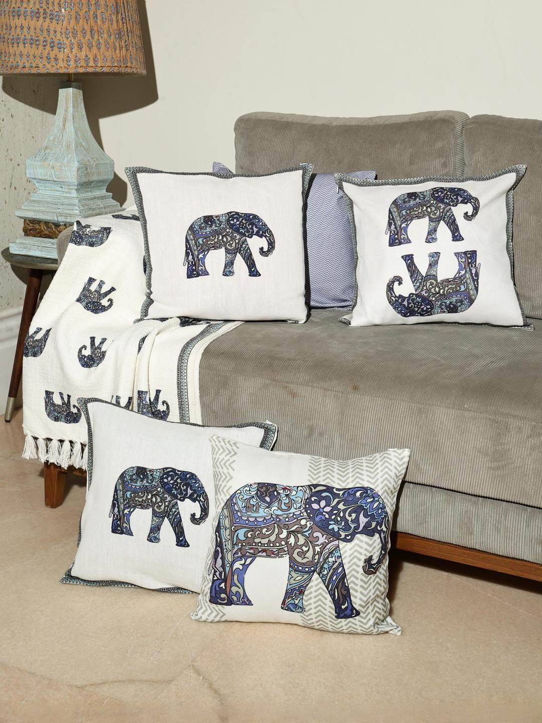 Crown of Poppies White 6 Pcs Elephant Printed Cotton Square Cushion Covers & Throw Set