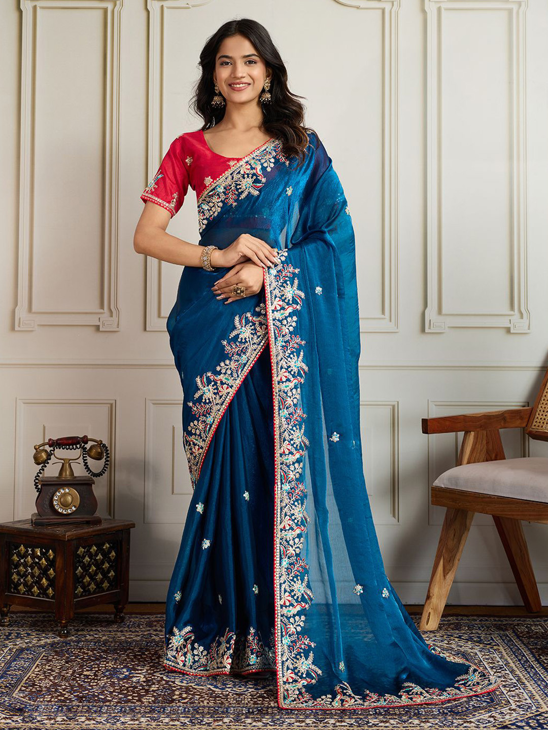 House of Pataudi Floral Embroidered Saree With Unstitched Blouse