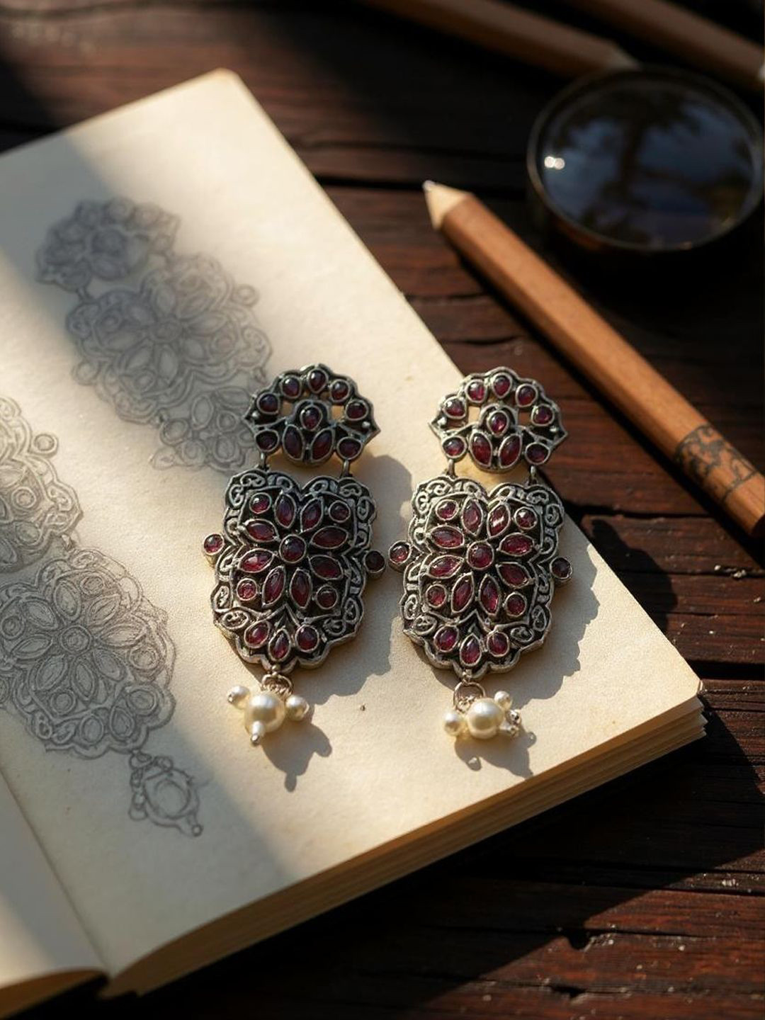 The Style Courtyard Artificial Stones Studded & Beaded Oxidised Floral Drop Earrings
