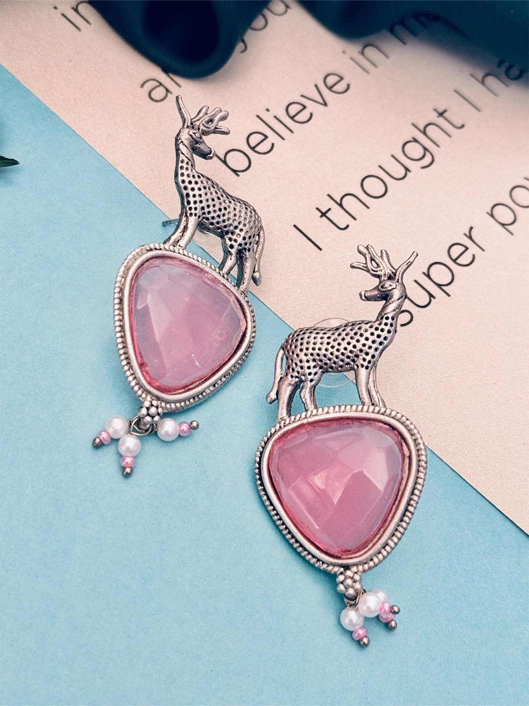 Anouk German Silver-Plated Stones Studded & Pearls Beaded Deer Oxidised Drop Earrings