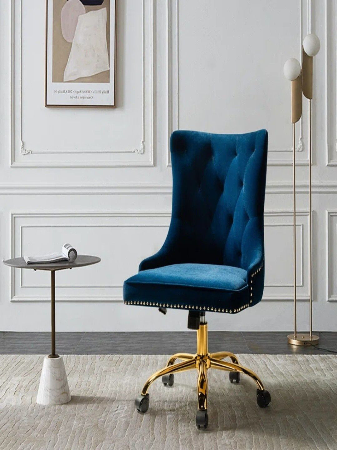 DOE BUCK Navy Blue Velvet With Gold-Plated Metal Adjustable Swen Task Chair