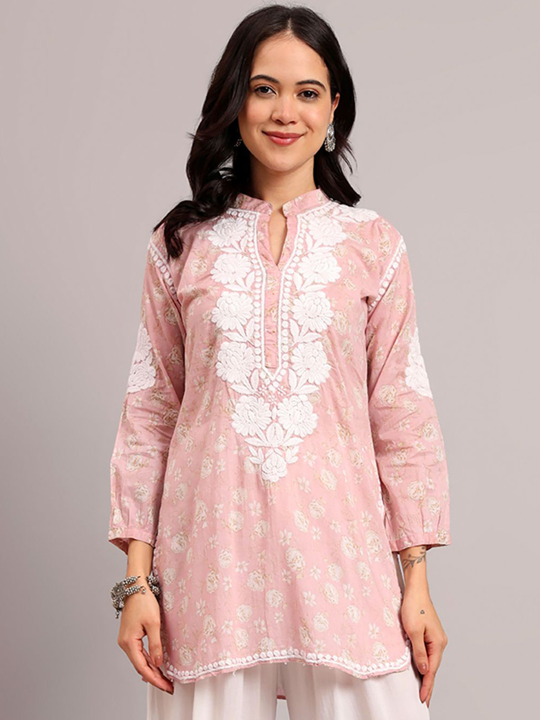 The Chikan Label Pink Aarini Mulmul Printed Chikankari Short Kurti