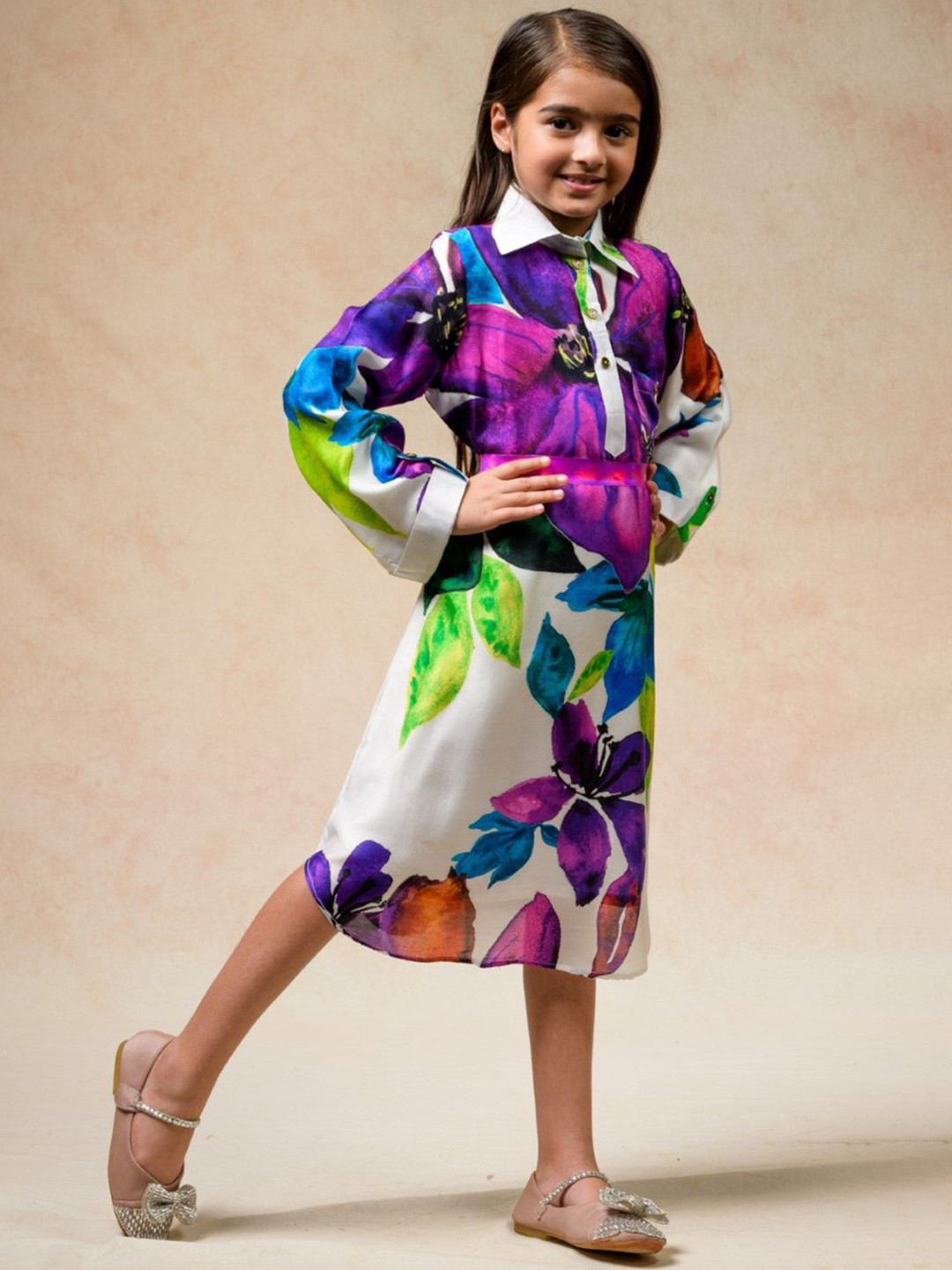 THETAA Girls Shirt Collar Floral Printed Fit and Flare Dress