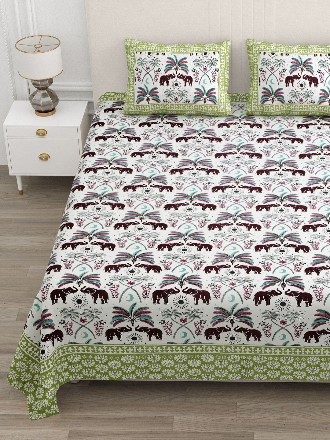 ATARAH White Printed Pure Cotton Flat 144TC Double King Bedsheet Set 2.25 m x  2.75 m