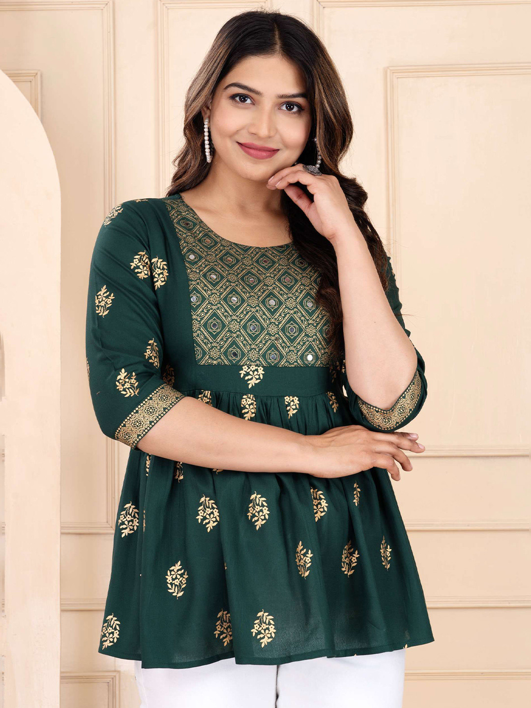 Billion Women Ethnic Motifs Printed Pleated Detail PeplumTop