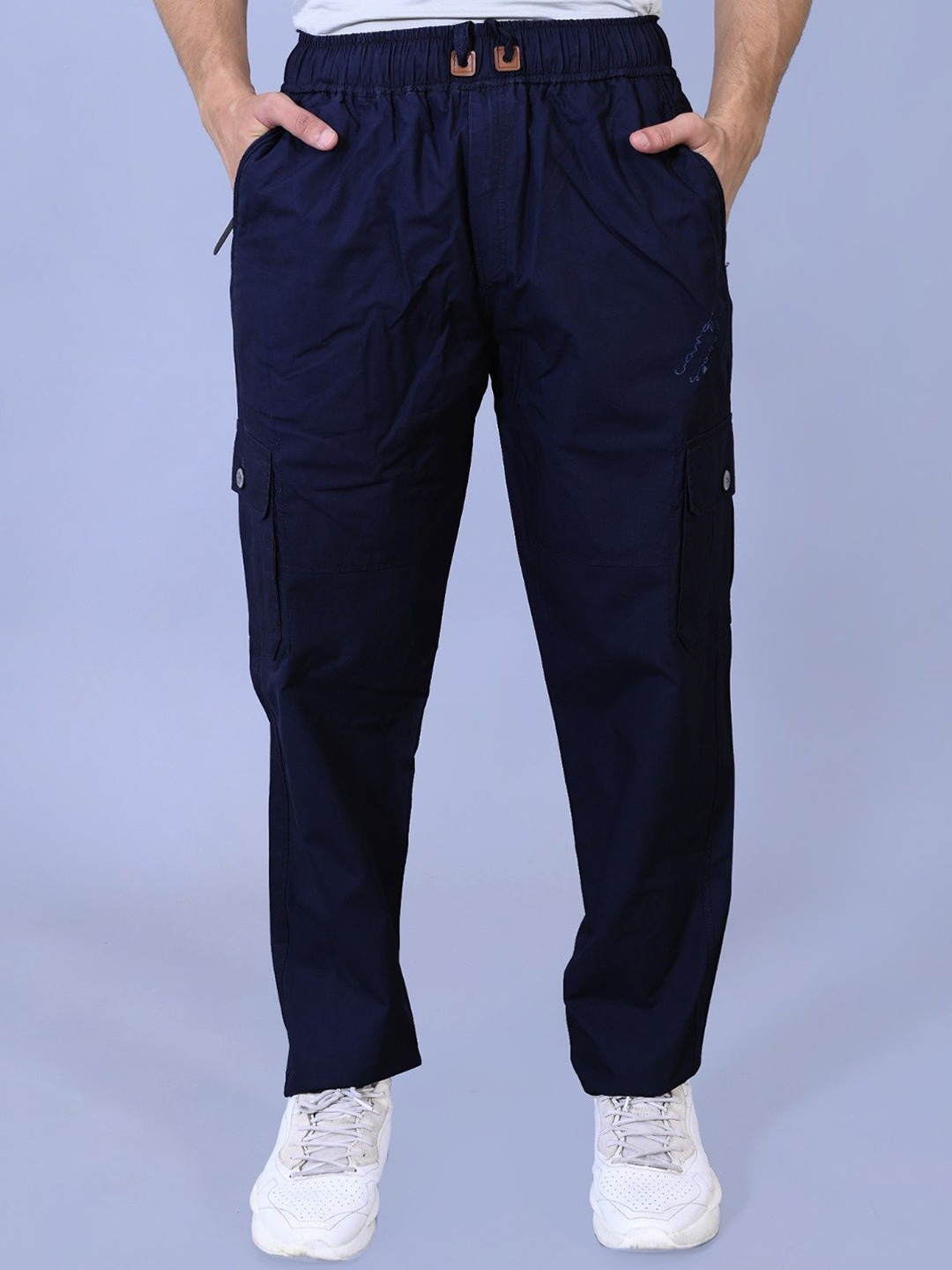 Navy Blue Relaxed Fit Mid-Rise Cargo Trousers