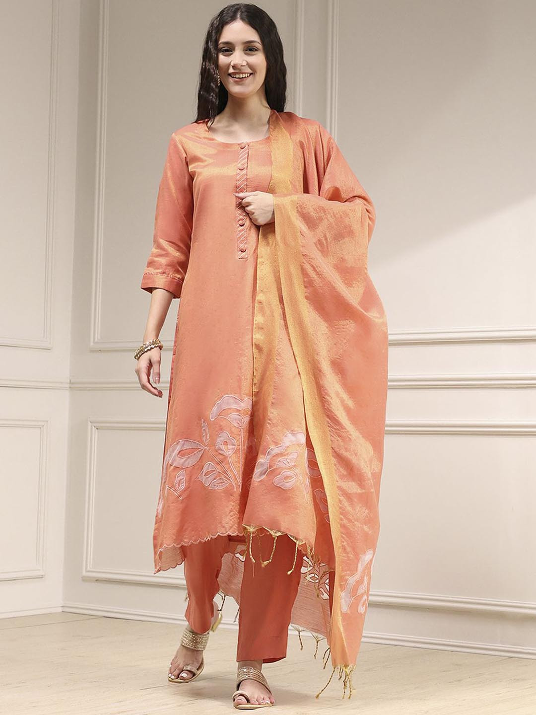 Biba Women Orange Floral Embellished Tissue Unstitched Kurta Pant & Dupatta Dress Material