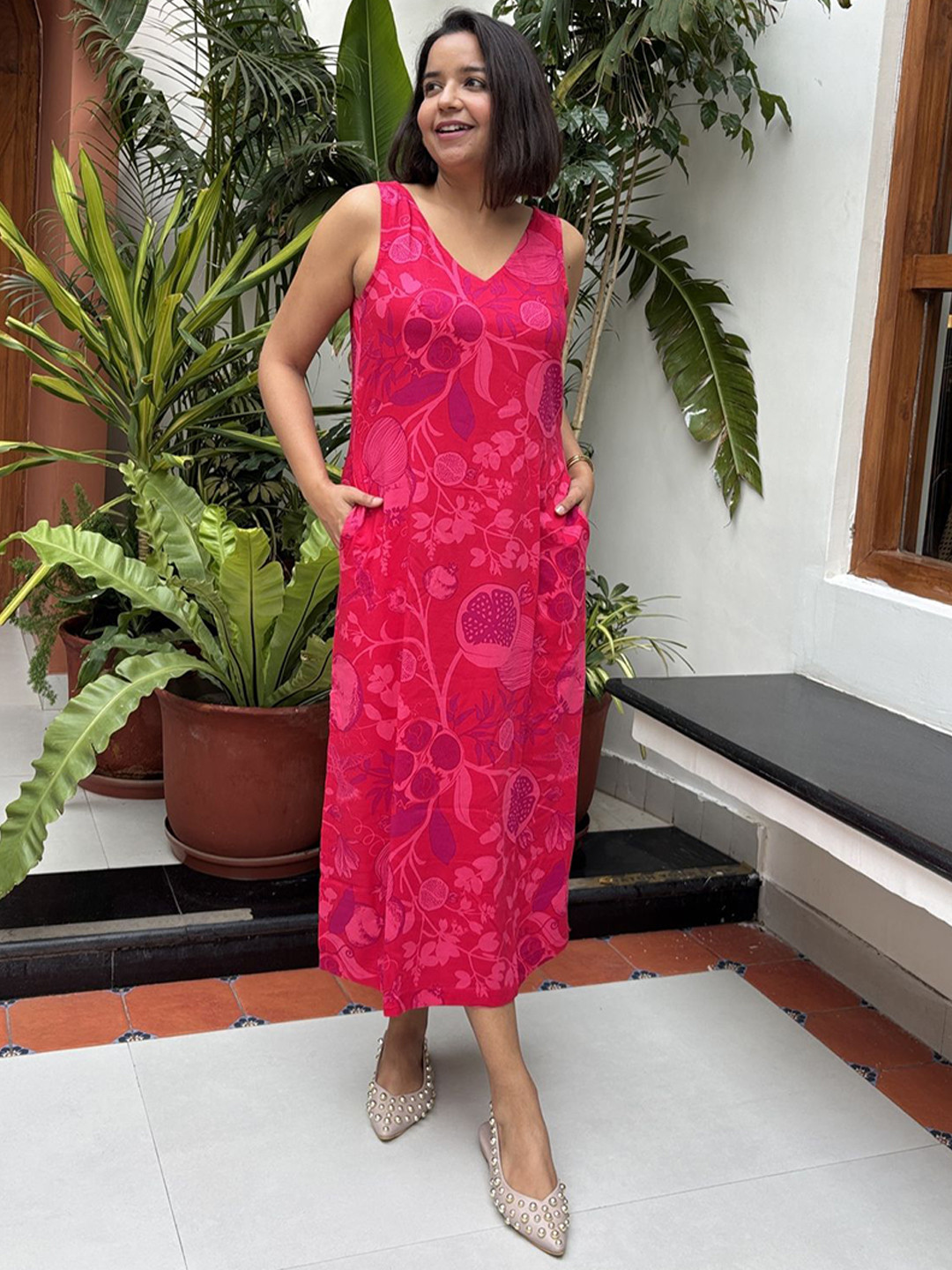 Label Tanvee Pomegranate Printed Satin Shift Midi Dress