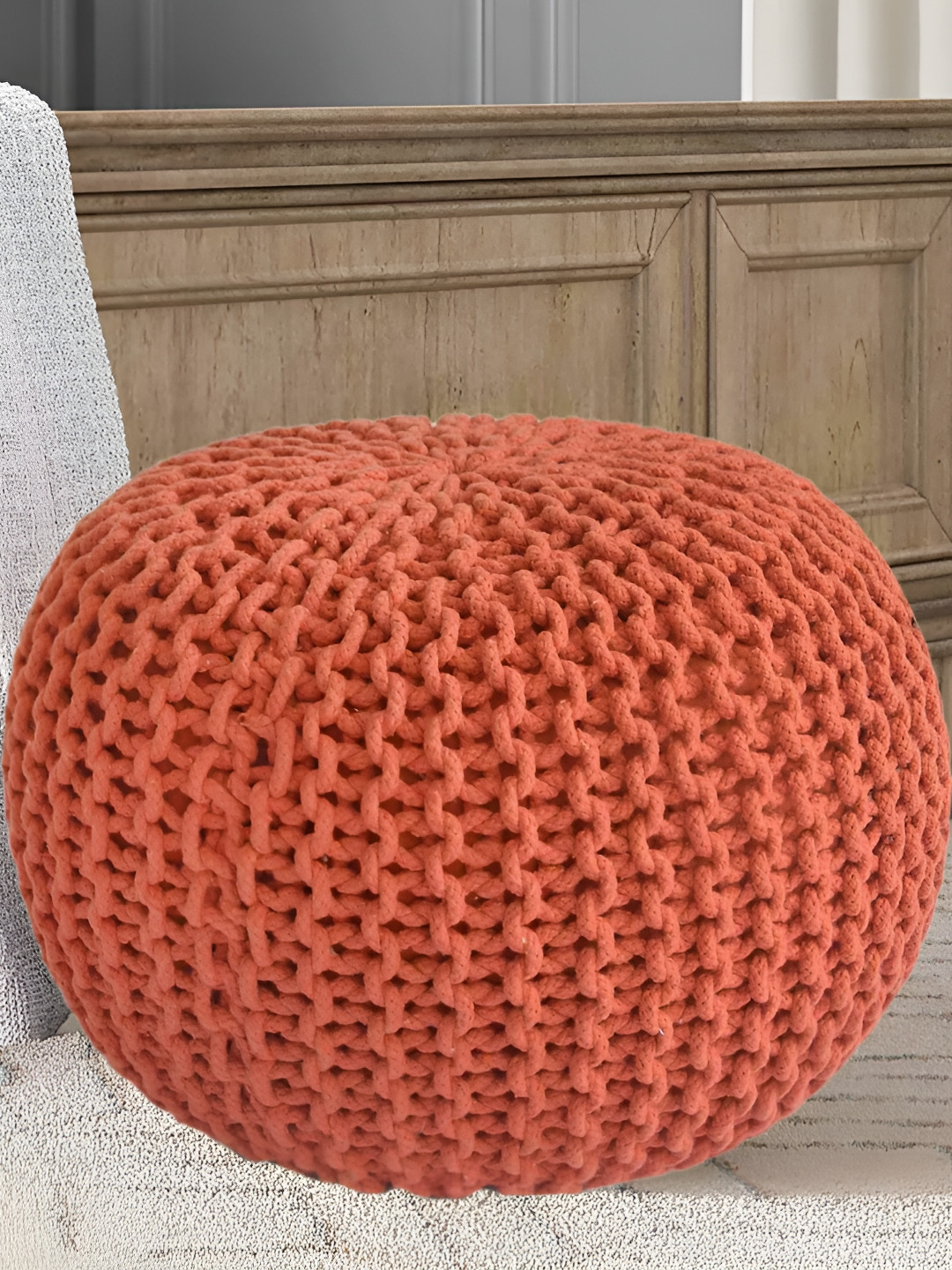 COMFIDELITAS Melton Orange-Colored Textured Cotton Pouffe Ottoman