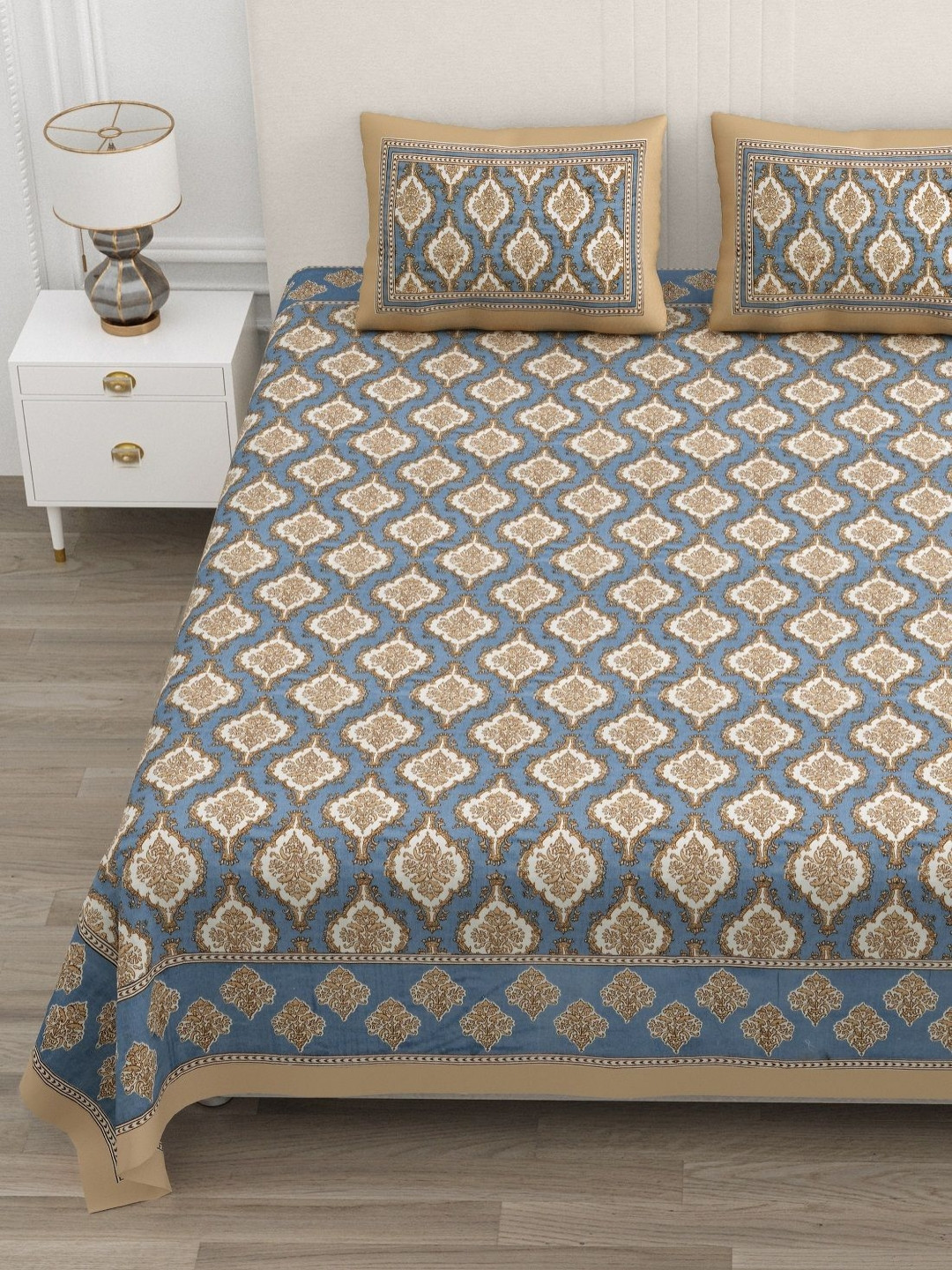 ATARAH Brown Printed Pure Cotton Flat 144TC Double King Bedsheet Set 2.25 m x  2.75 m