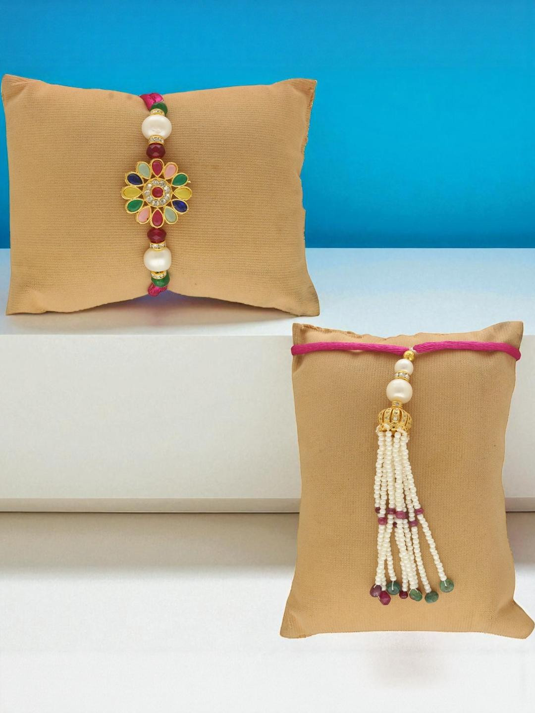 Sri Jagdamba Pearls Dealer Unisex Set Of 2 White & Red Pearls Wraparound & Lumba Rakhi
