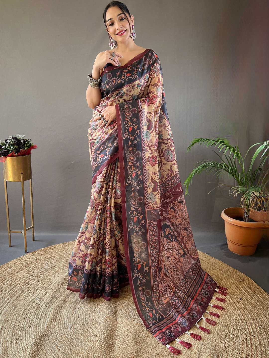 KALINI Kalamkari Printed Saree With Unstitched Blouse Piece