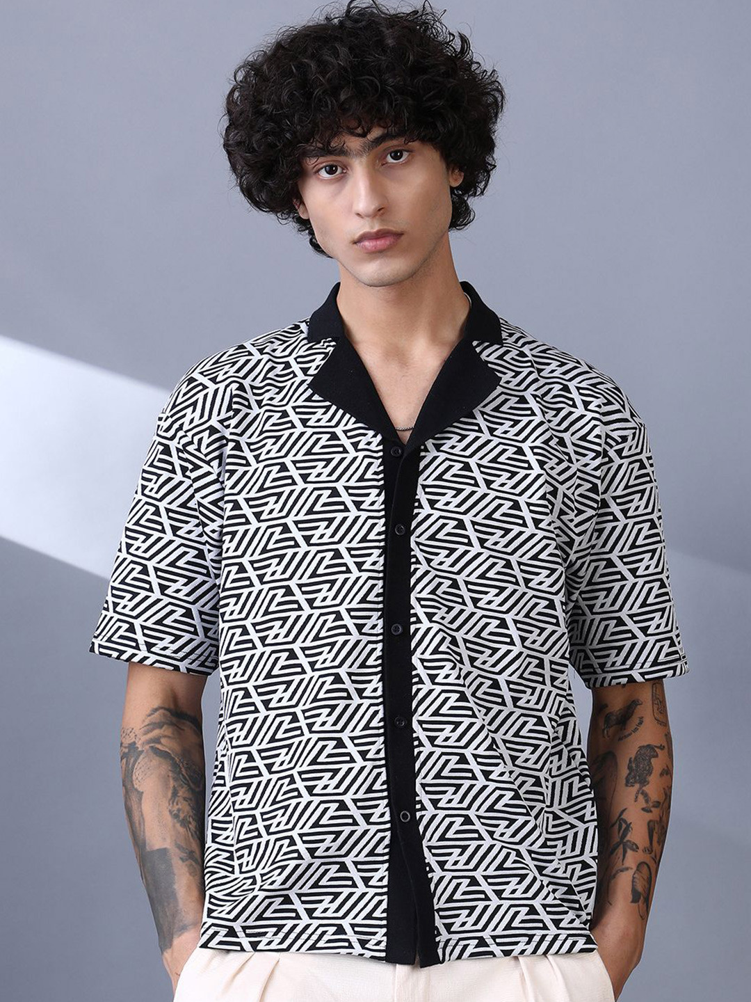 CAHOOT Men Comfort Fit Geometric Printed Cuban Collar Cotton Casual Shirt