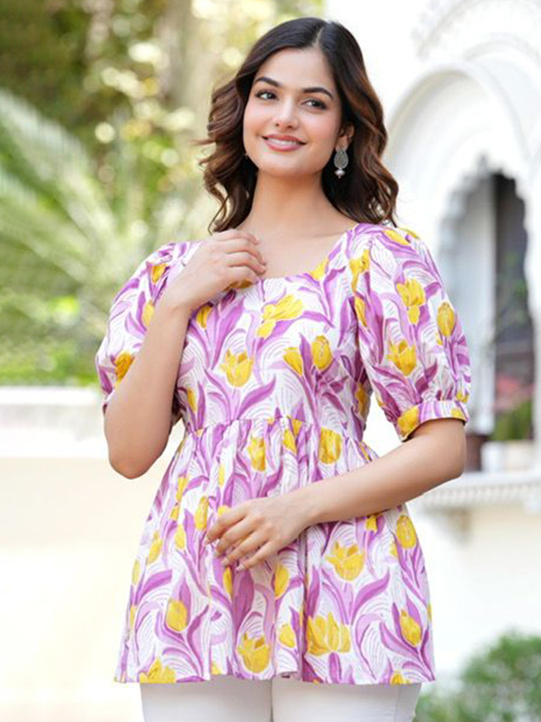 GHUMMAN SONAKSHI Women Floral Printed Puff Sleeve Cotton Top