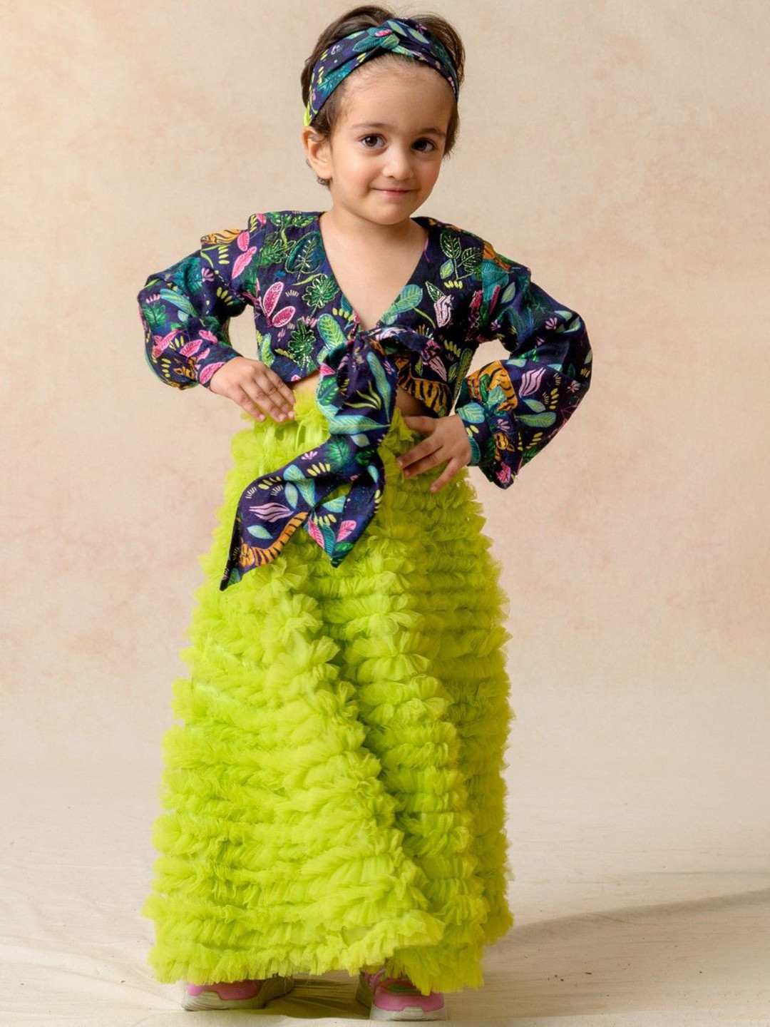 THETAA Girls Floral Printed V-Neck Long Sleeves Top And Skirt Gown Set