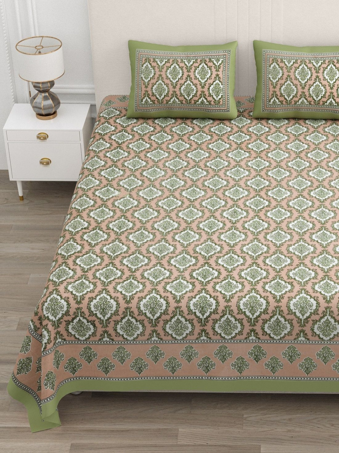 ATARAH Green Printed Pure Cotton Flat 144TC Double King Bedsheet Set 2.25 m x  2.75 m