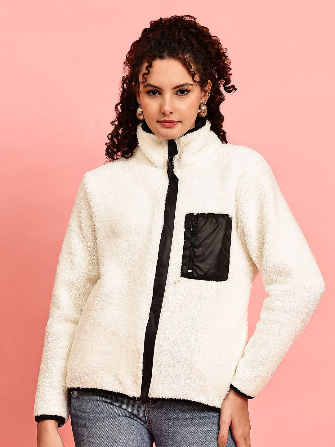 JAKANARY Women Mock Collar Front-Open Sweatshirt