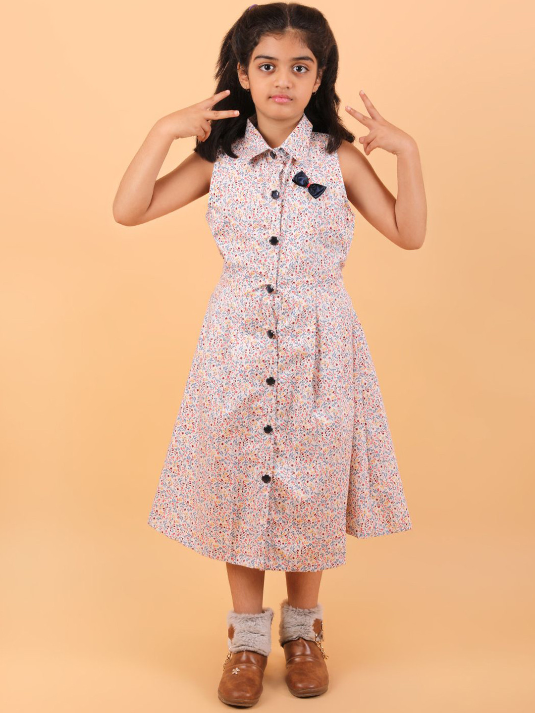 CALYX CLOTHING Girls Floral Printed Shirt Collar Bow Detail A-Line Dress