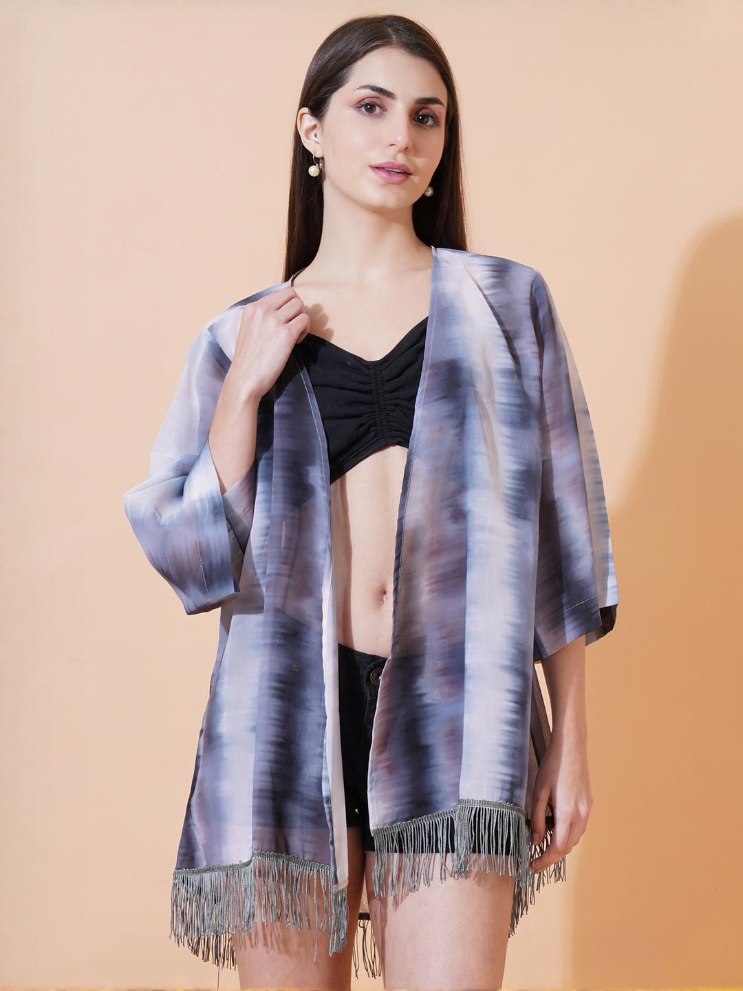 ARV TRENDS Woman Stripe Back Ai Printed Georgette Fabric Half Sleeve Shrug