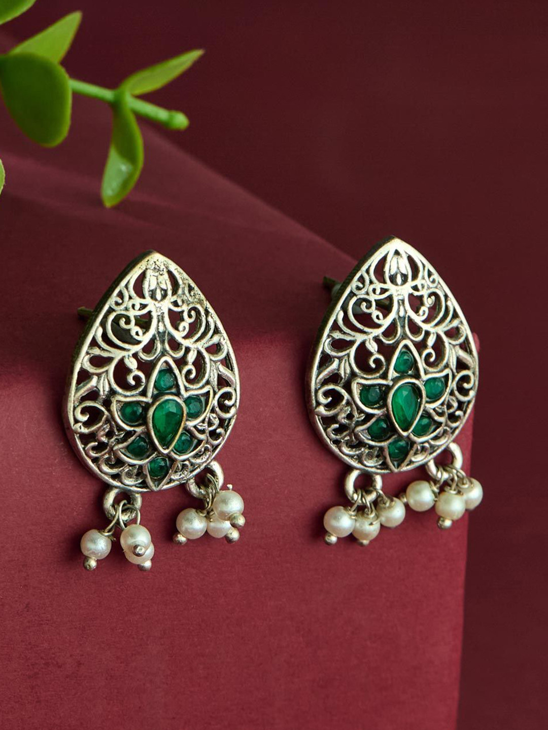 Fabindia Artificial Stones Studded And Pearls Beaded Teardrop Shaped Drop Earrings
