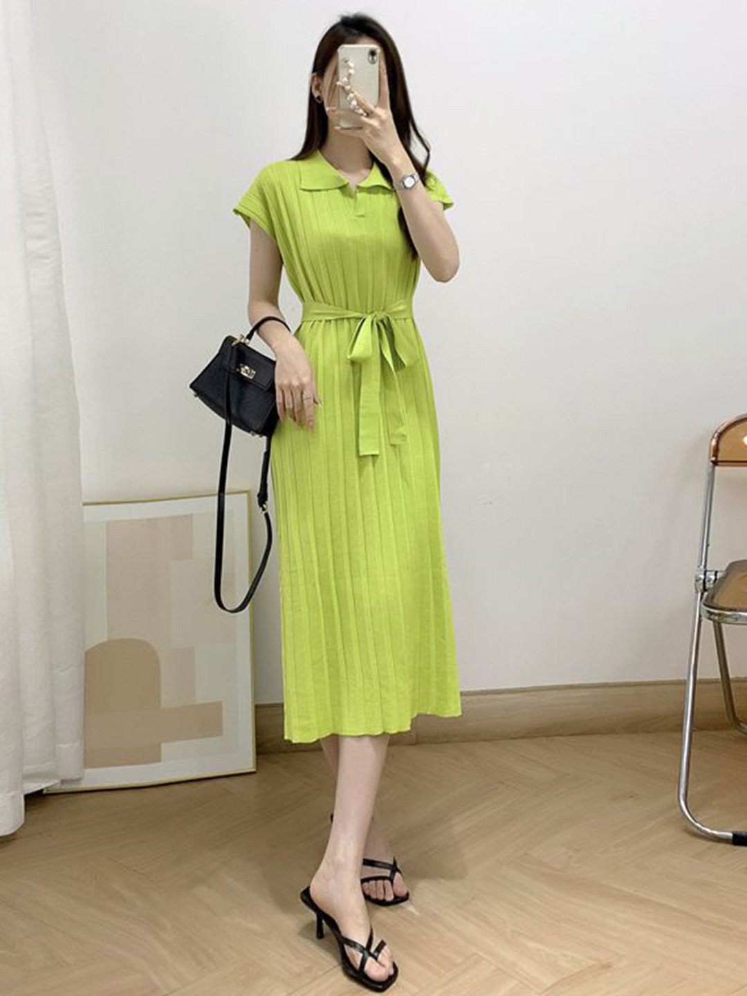StyleCast Women Shirt Collar Accordion Pleats Belted A-Line Midi Dress