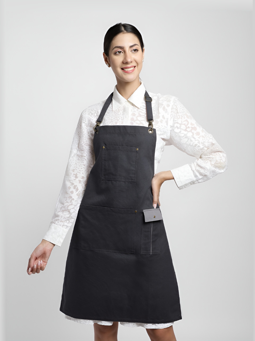 DESIGN GAATHA Grey Cotton Rustproof Adjustable Apron