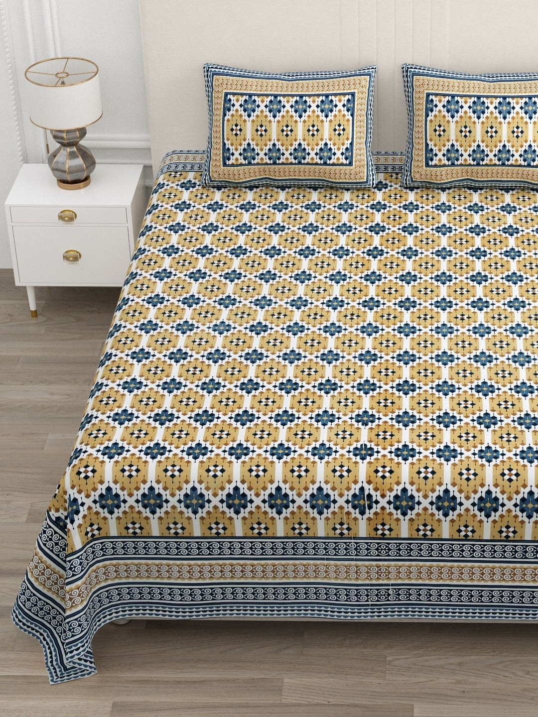 ATARAH Yellow & Blue Printed 144TC Cotton Double Queen Bedsheet Set 2.25 m x 2.75 m