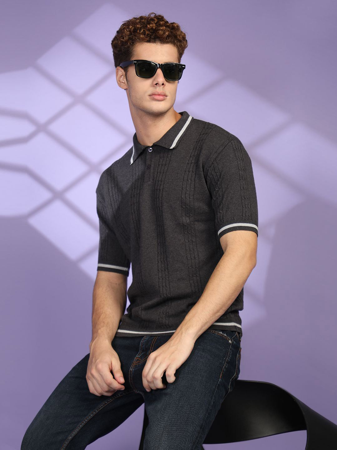 Roadster Striped Self Design Polo Collar Cotton T-shirt